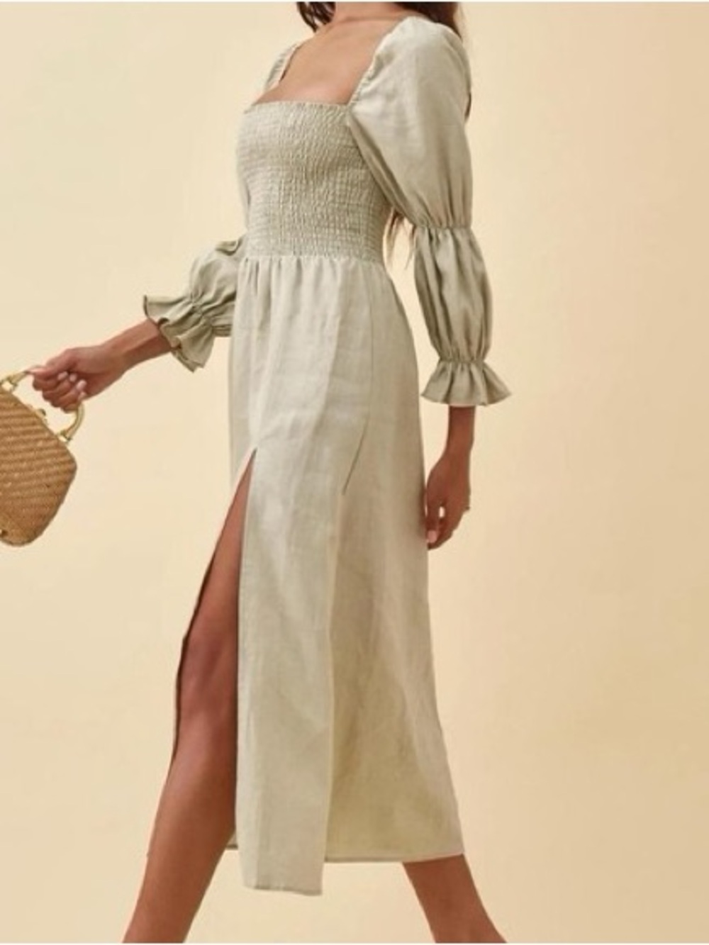 Reformation Hyland Dress Smocked Square-Neck Midi Dress in Sage linen